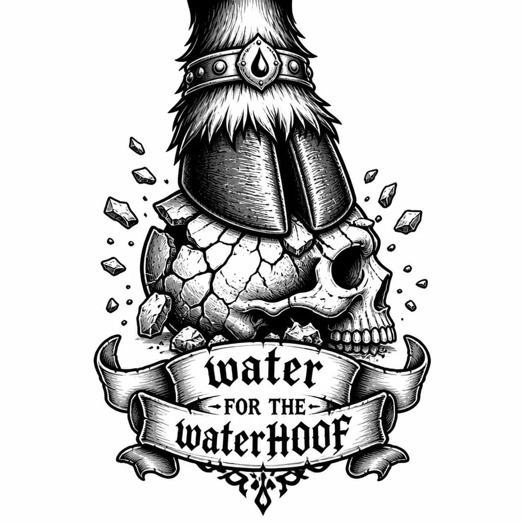 Тату эскиз: Tauren hoof in side profile crushing a human skull also in side profile, fractured skull pieces visible from the side, gothic heraldic banner below with the text "BLOOD FOR THE BLOODHOOF", tattoo design, blackwork, high contrast, heavy black shading, thick contour lines, detailed cracks and bone fragments, clean negative space, no background, stencil-friendly layout, bold composition, dark fantasy style.