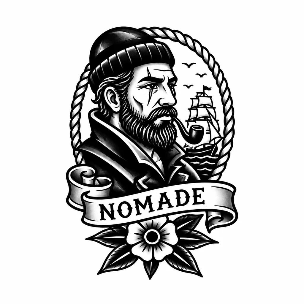 Тату эскиз: Тату с надписью nomade на предплечье с отсылкой на произведение "морской волк" Джека Лондона 