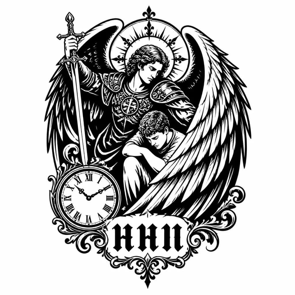 Тату эскиз: архангел Михаил с мечом прикрывает меня крылом. Рядом со мной часы и буквы ннн