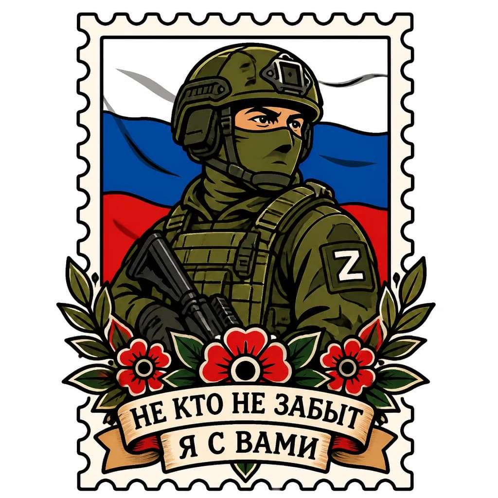 Тату эскиз: Почтовая марка на фоне российский флаг и солдат в каске и бронежилете и надпись не кто не забыт я с вами 