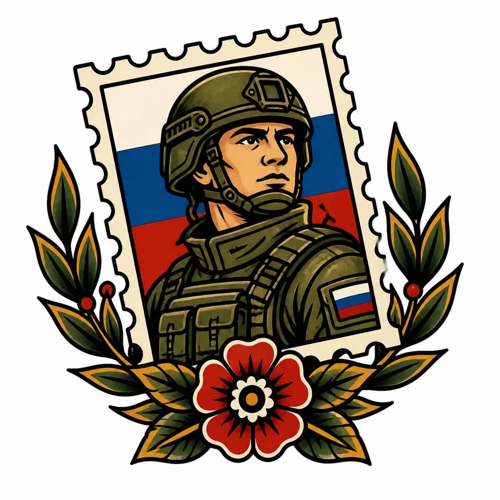 Тату эскиз: Почтовая марка на фоне российский флаг и солдат в каске и бронежилете 
