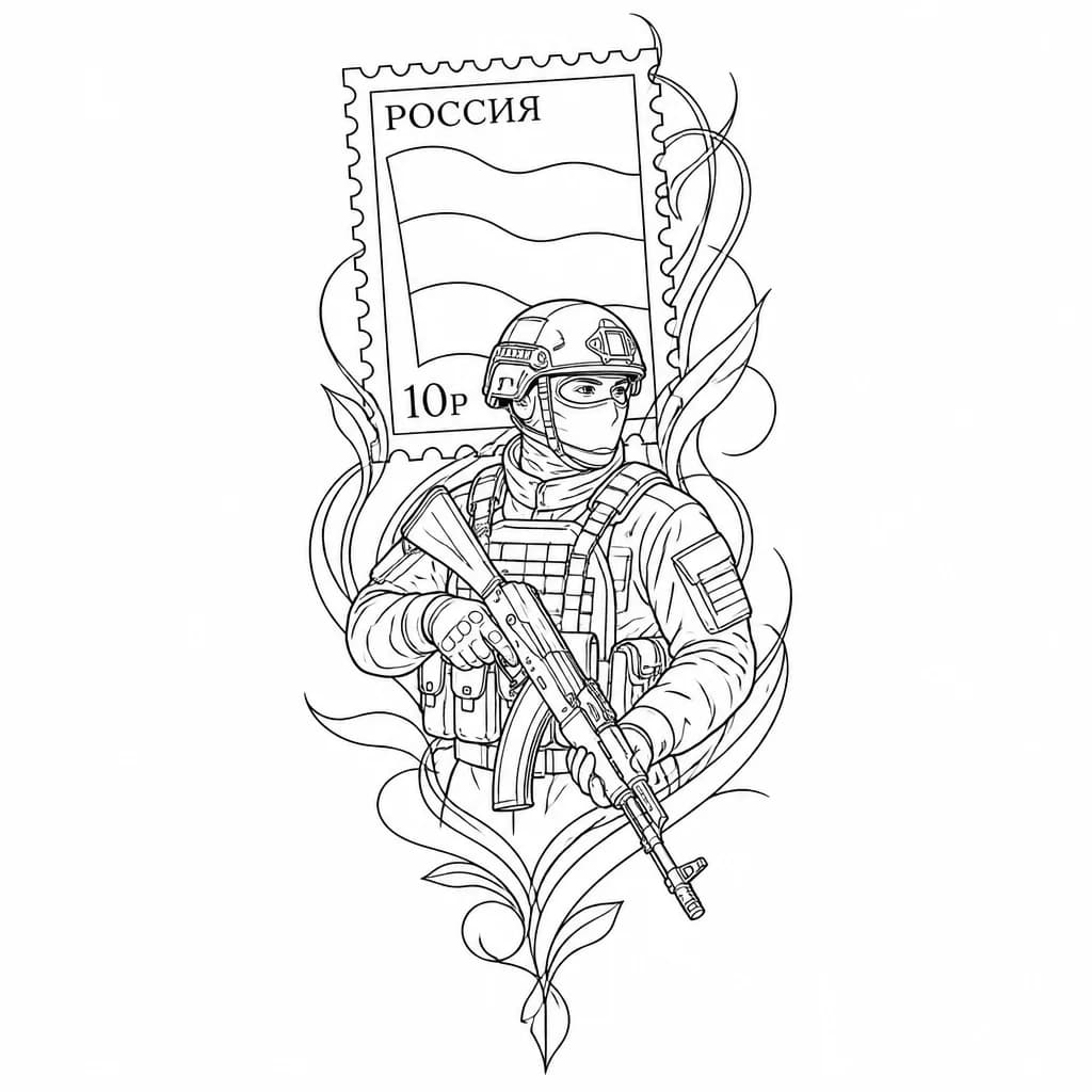 Тату эскиз: Флаг России в почтовой марке, солдат в каске и бронежелете с автоматом Калашникова 