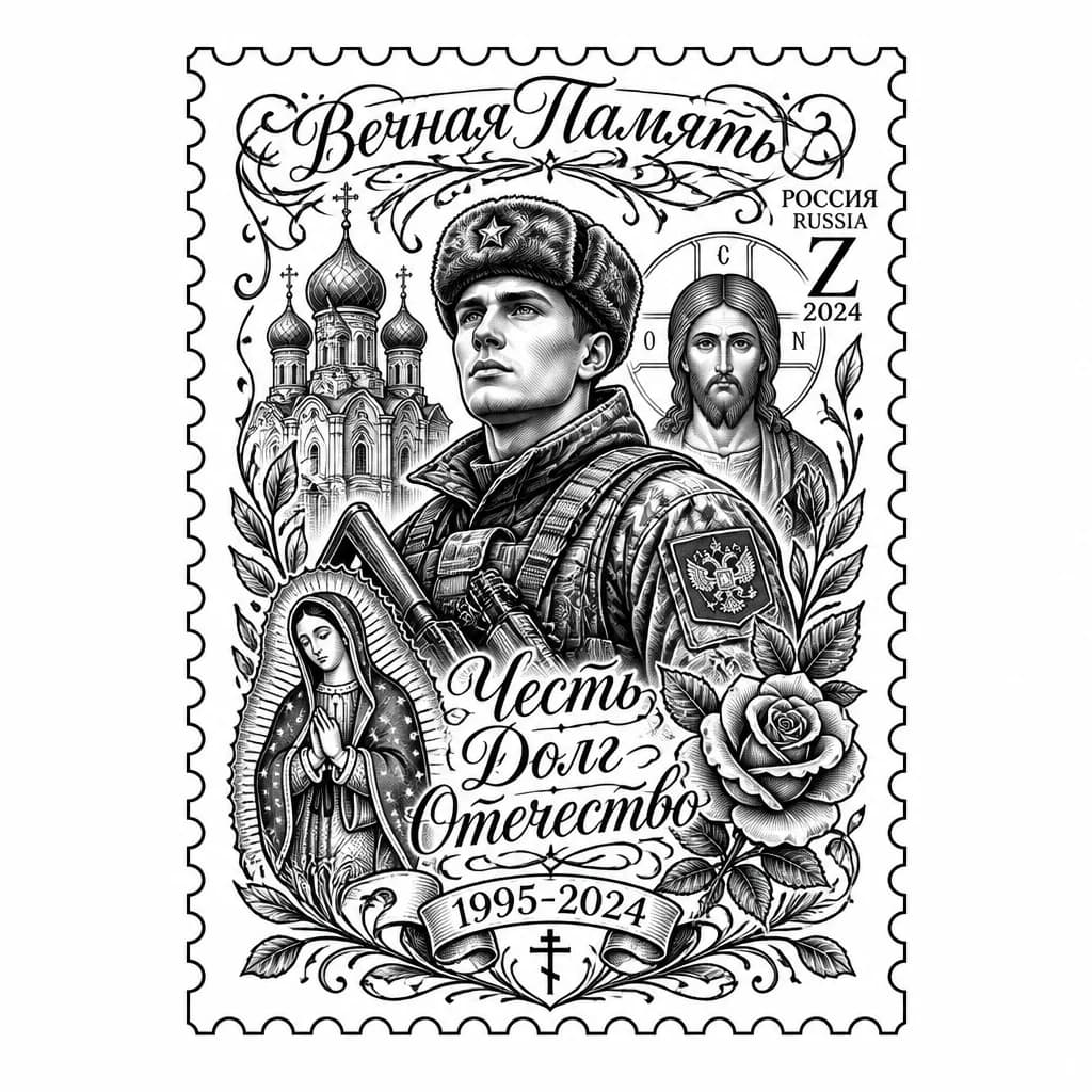 Тату эскиз: В почтовой марке, в честь погибшего брата российского военного 