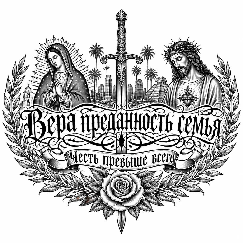 Тату эскиз: Меч и венок на всю спину русский 