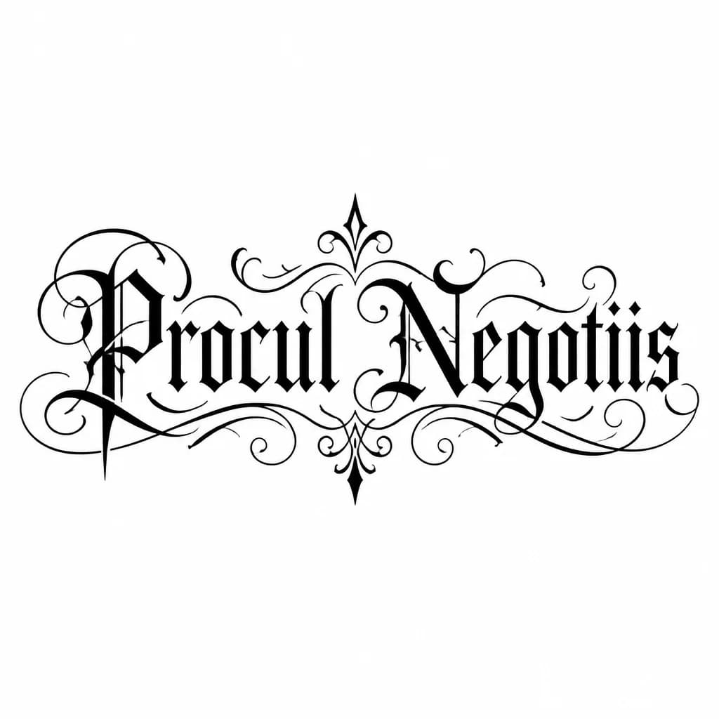 Тату эскиз: Надпись: Procul Negotiis в одну строчку с красивыми деталями 