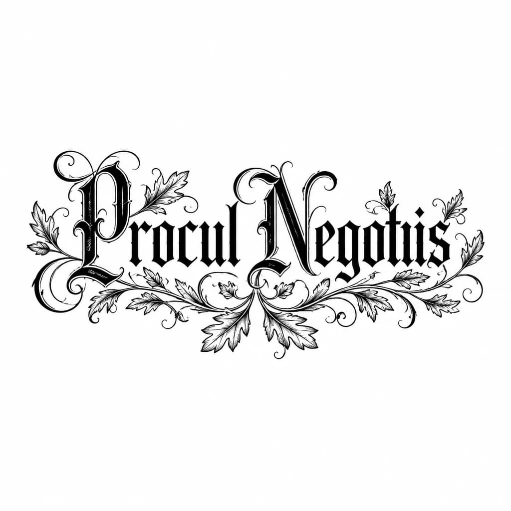 Тату эскиз: Надпись: Procul Negotiis в одну строчку с деталями в виде листочков дерева 