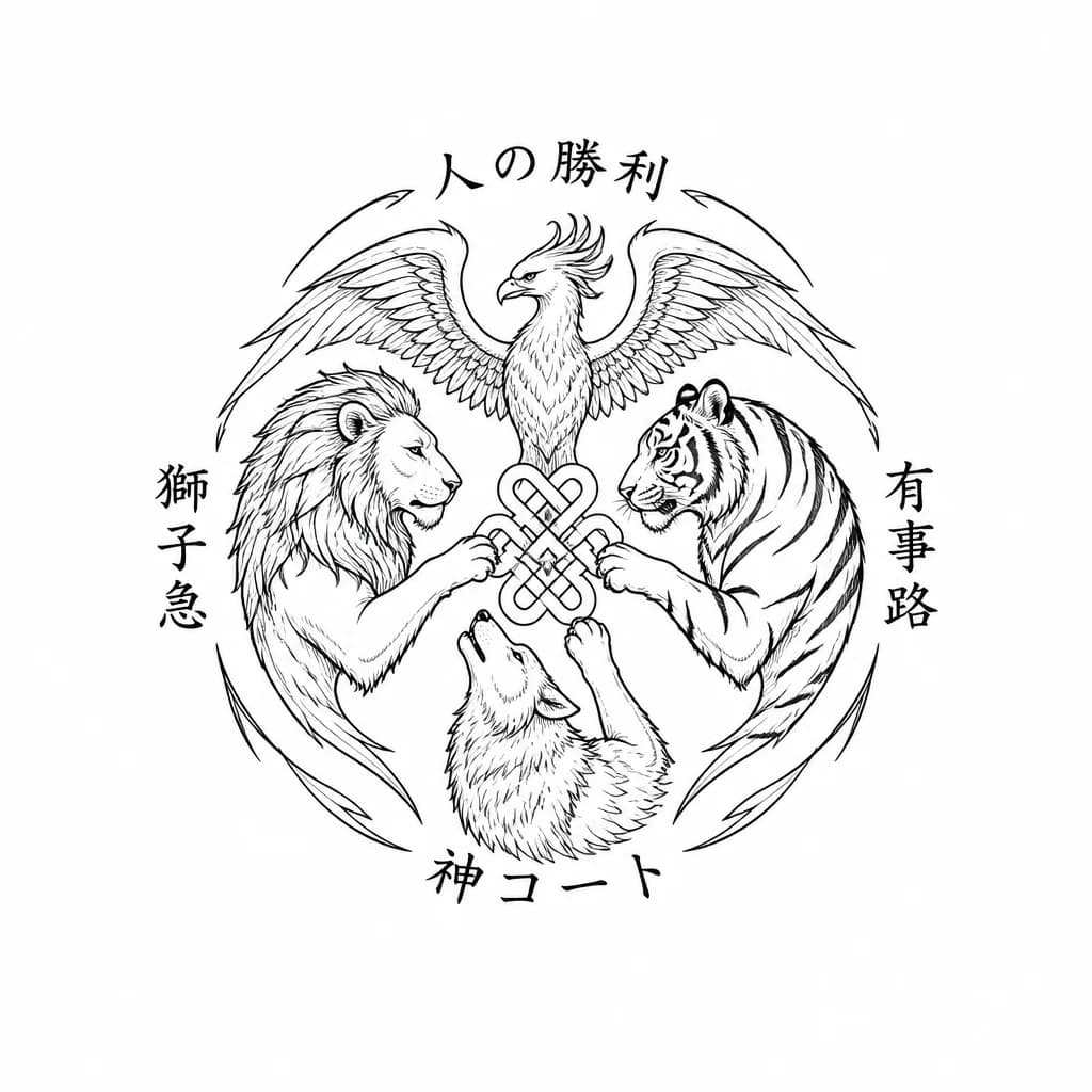 Тату эскиз: Тату с именами:
1. 人の勝利
2. 獅子急
3. 有事路
4. 神コート

Показать верность друг другу и долгую дружбу с поддержкой