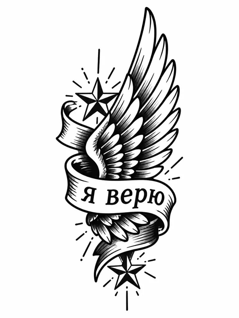 Тату эскиз: Текст «я верю» и крыло