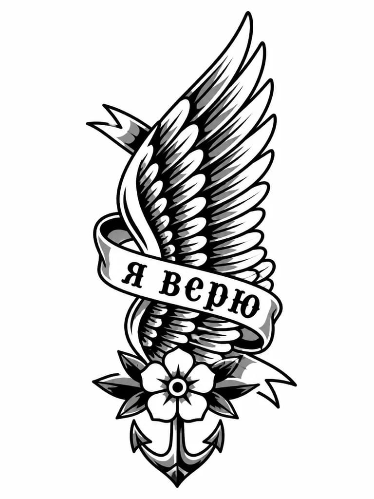 Тату эскиз: Текст «я верю» и крыло