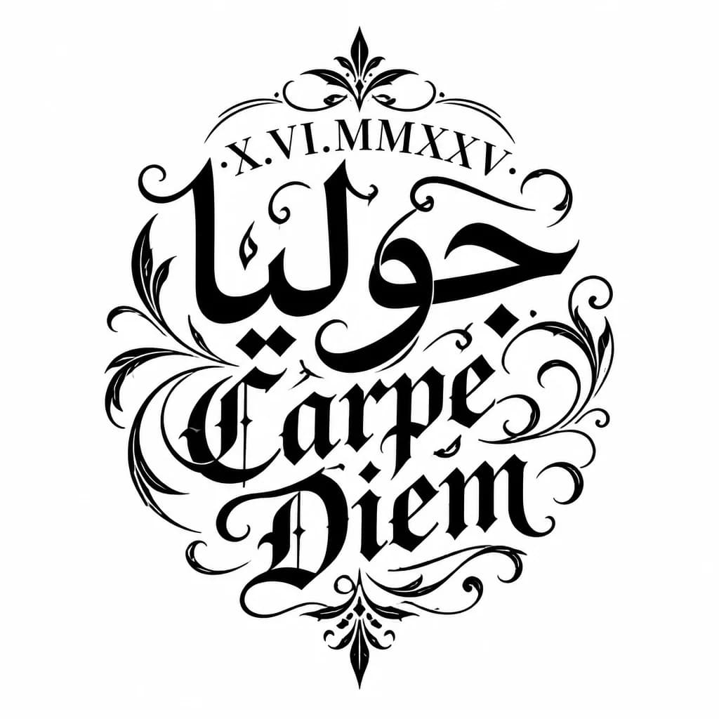 Тату эскиз: X.VI.MMXXV Дата с именем جوليا и надписью Carpe Diem