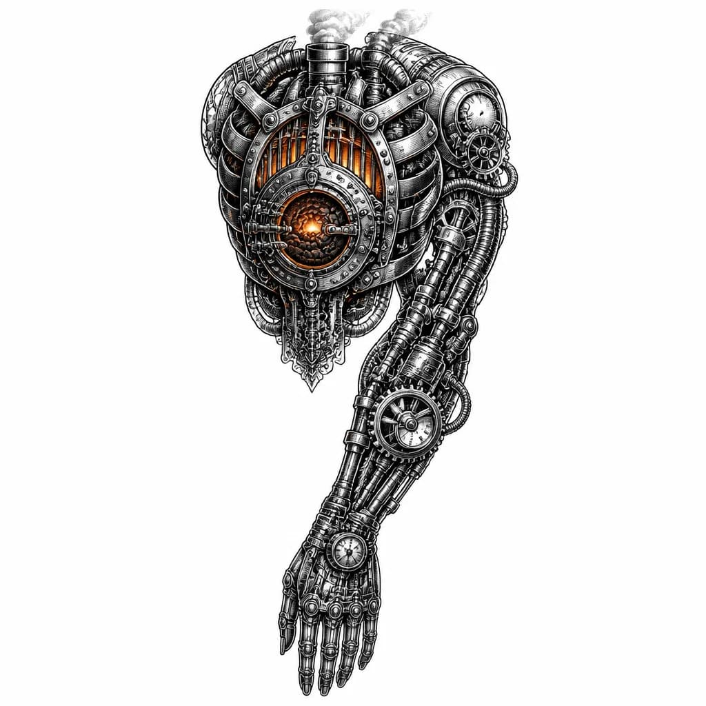 Тату эскиз: Steampunk biomechanical tattoo sketch for full sleeve and chest plate, isolated on clean white background. Centered on the chest is a vintage solid-fuel reactor core with visible burning coal texture and heavy iron framing. The machinery extends smoothly onto the arm as a full sleeve made of bronze gears, heavy pistons, and steam valves. High-contrast black and grey ink style with selective warm orange fire accents on the chest. Fine lines, cross-hatching shading, masterfully drawn tattoo design