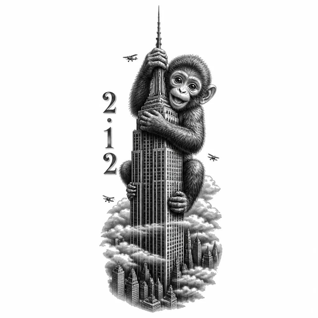 Тату эскиз: Нужен эскиз тату , где милая мартышка лезет по Empire State Building как Кинконг. А сбоку цифры по вертикали 2.12