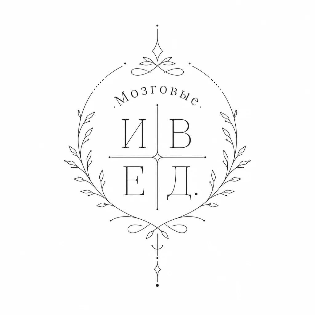 Тату эскиз: визуальный макет монограммы семьи «Мозговые» в стиле minimal/fine line с инициалами И, В, Е, Д.