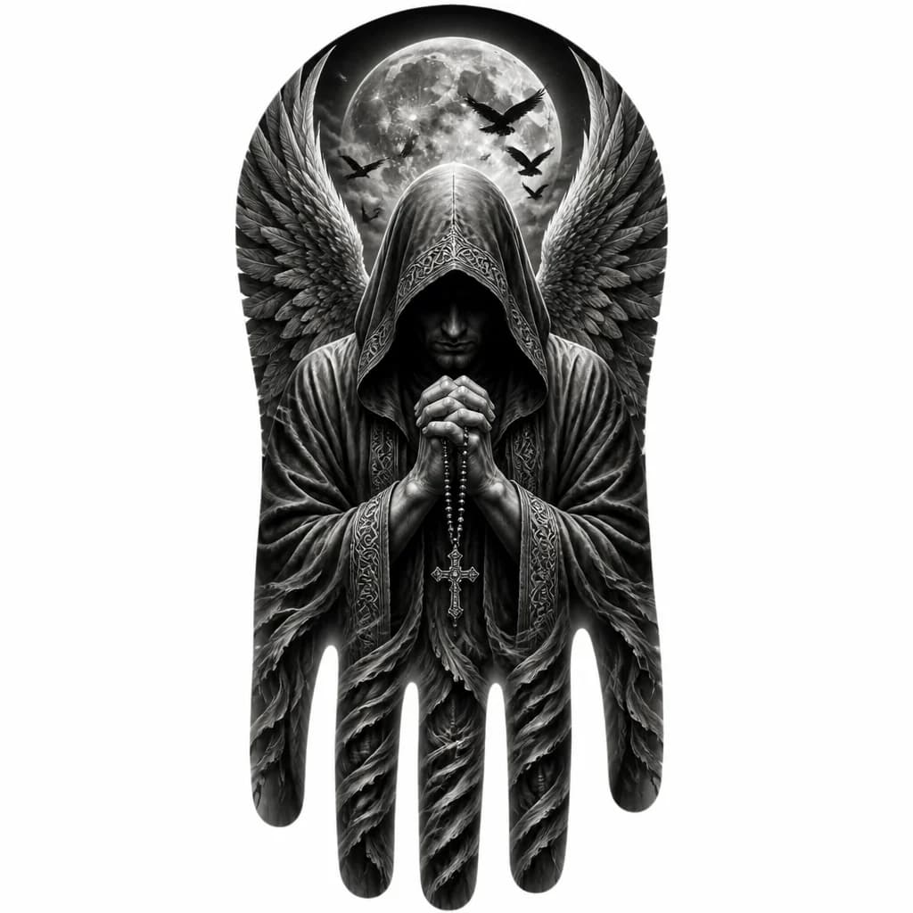 Тату эскиз: 
*   **Стиль:** Реализм, черно-серая гамма, готика, дарк-фэнтези.
*   **Локация:** Тыльная сторона ладони.
*   **Центральный образ:** Фигура в капюшоне (ангел или жнец), лицо скрыто в тени, но черты различимы.
*   **Детали фона:** Полная луна у запястья (за головой), силуэты птиц на фоне луны.
*   **Крылья:** Большие пернатые крылья, расправленные в стороны.
*   **Руки фигуры:** Сложены в молитве, держат четки/бусы.
*   **Композиция на пальцах:** Ткань одеяни