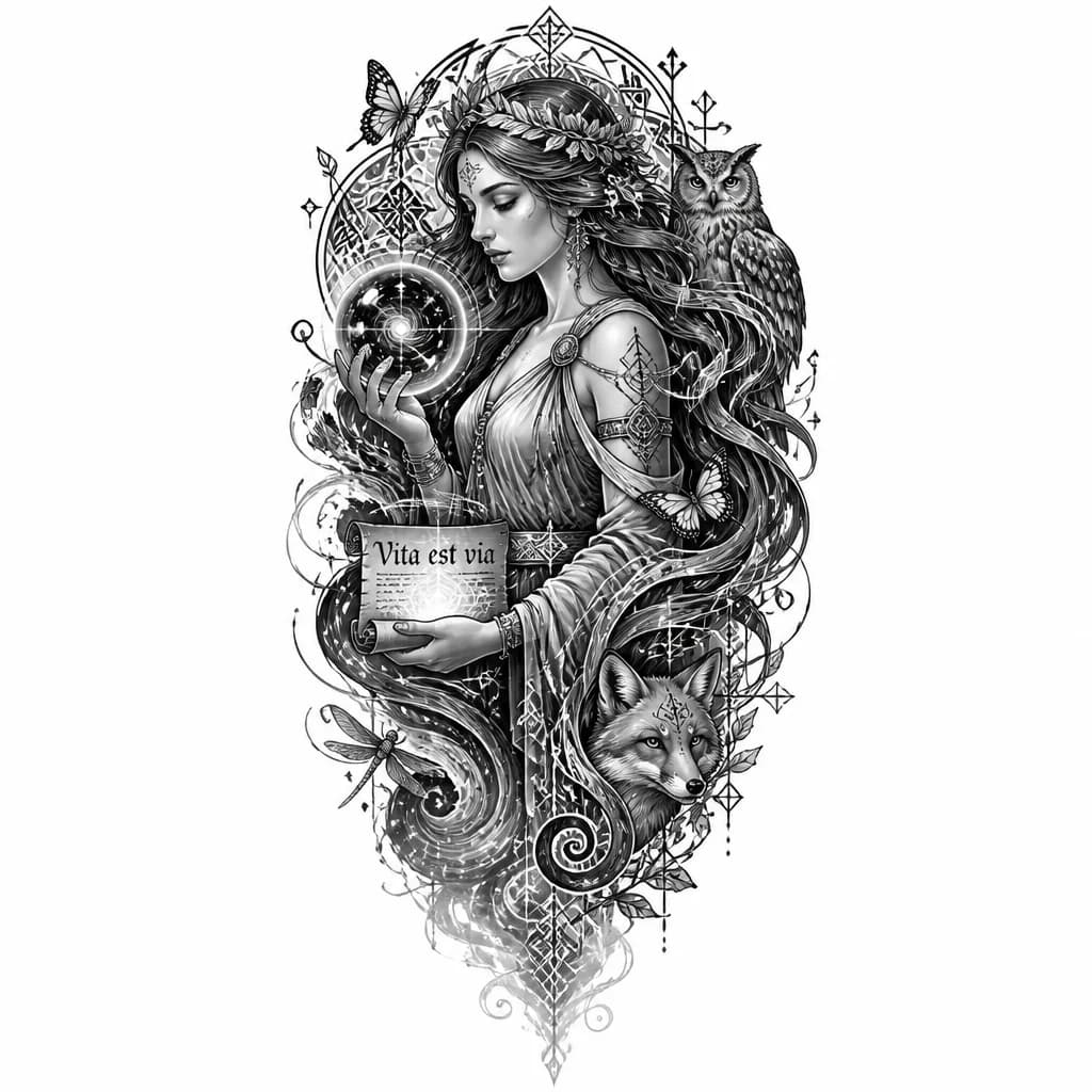 Тату эскиз: mythical girl, ancient Greek goddess, nymph, long hair turning into ornamental lines, draped clothing, glowing crystal sphere with miniature cosmos, ancient scroll with golden light, celtic and slavic ornaments, spirals, rhombuses, crosses, water and wind lines, Latin inscription "Vita est via", owl or fox among patterns, butterflies, dragonflies, dissolving into mist at the wrist, blackwork tattoo, graphic style with thin white lines for depth, mystical, modern.