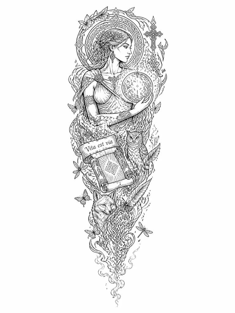 Тату эскиз: mythical girl, ancient Greek goddess, nymph, long hair turning into ornamental lines, draped clothing, glowing crystal sphere with miniature cosmos, ancient scroll with golden light, celtic and slavic ornaments, spirals, rhombuses, crosses, water and wind lines, Latin inscription "Vita est via", owl or fox among patterns, butterflies, dragonflies, dissolving into mist at the wrist, blackwork tattoo, graphic style with thin white lines for depth, mystical, modern.