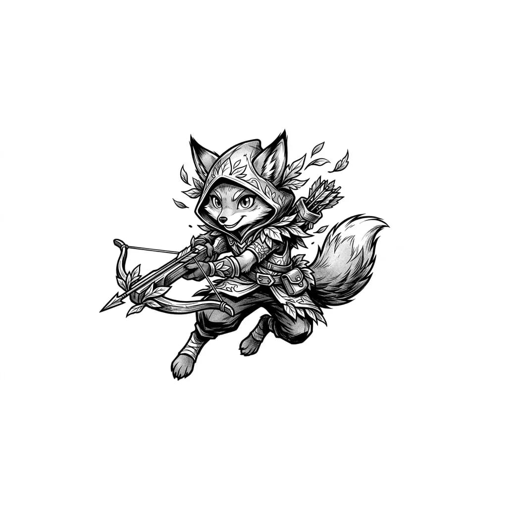 Тату эскиз: Персонаж hoodwink из игры dota 2, в скине shadowleaf insurgent 