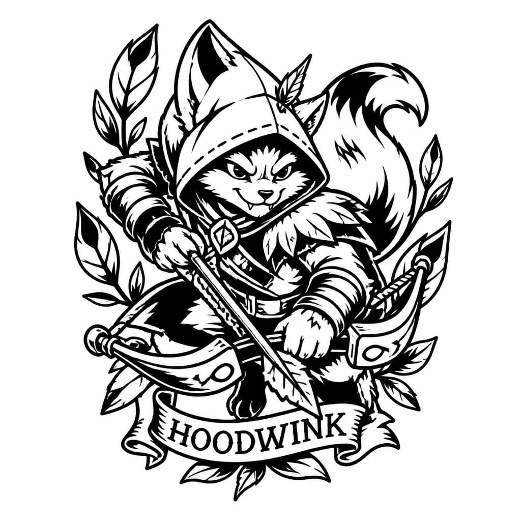 Тату эскиз: Персонаж hoodwink из игры dota 2, в скине shadowleaf insurgent 