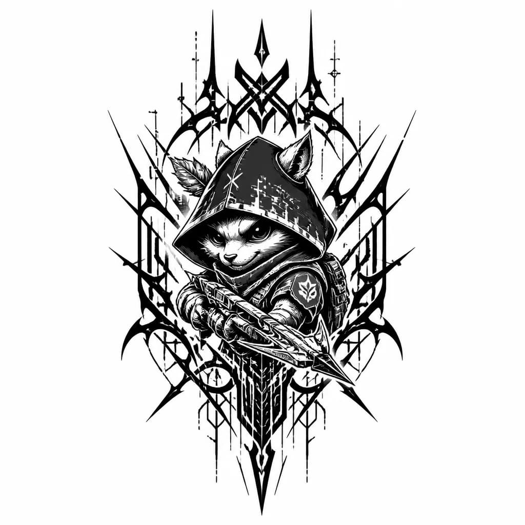 Тату эскиз: Персонаж hoodwink из игры dota 2, в скине shadowleaf insurgent 