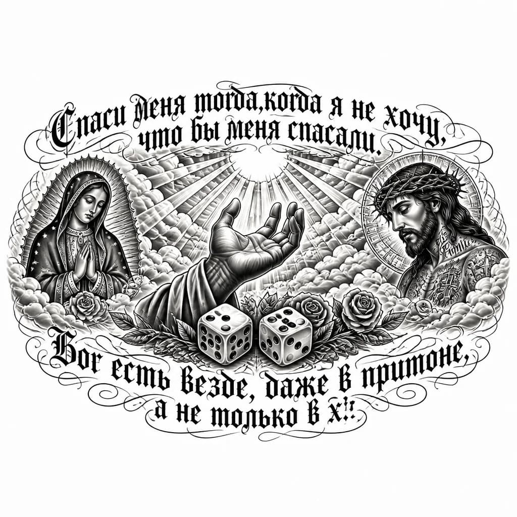 Тату эскиз: текст должен быть в стиле English old-school text, на фоне минималистичные облака,с пробивающимся солнцем и лучами,тянущая рука,игральные кости