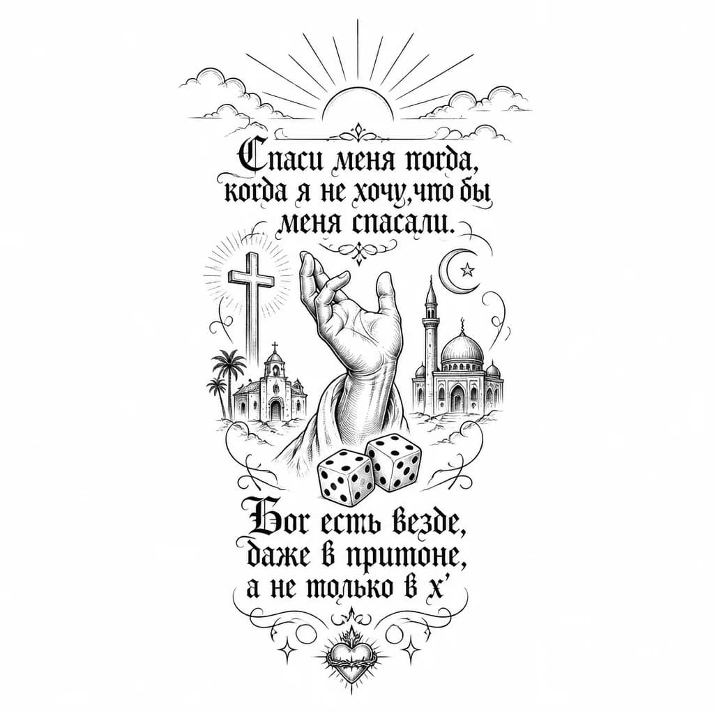 Тату эскиз: текст должен быть в стиле English old-school text, на фоне минималистичные облака,с пробивающимся солнцем и лучами,тянущая рука,игральные кости, минималистичное тату,без христианской и исламской символики