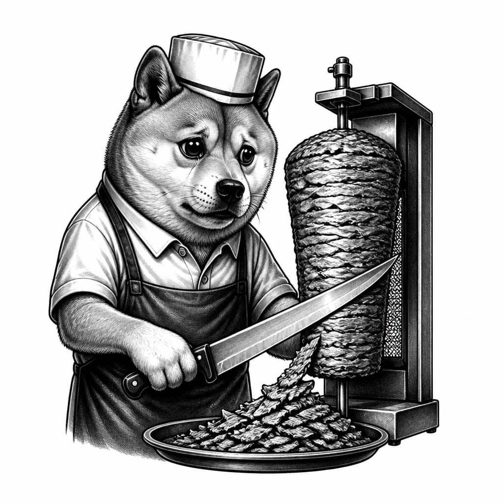 Тату эскиз: Грустная мемная собака (в стиле Doge, с характерной грустной мордой и большими глазами) нарезает мясо для шаурмы большим кухонным ножом. Эскиз тату в чёрно‑белом стиле, с чёткими контурами и штриховкой, имитирующей традиционную тату‑графику.