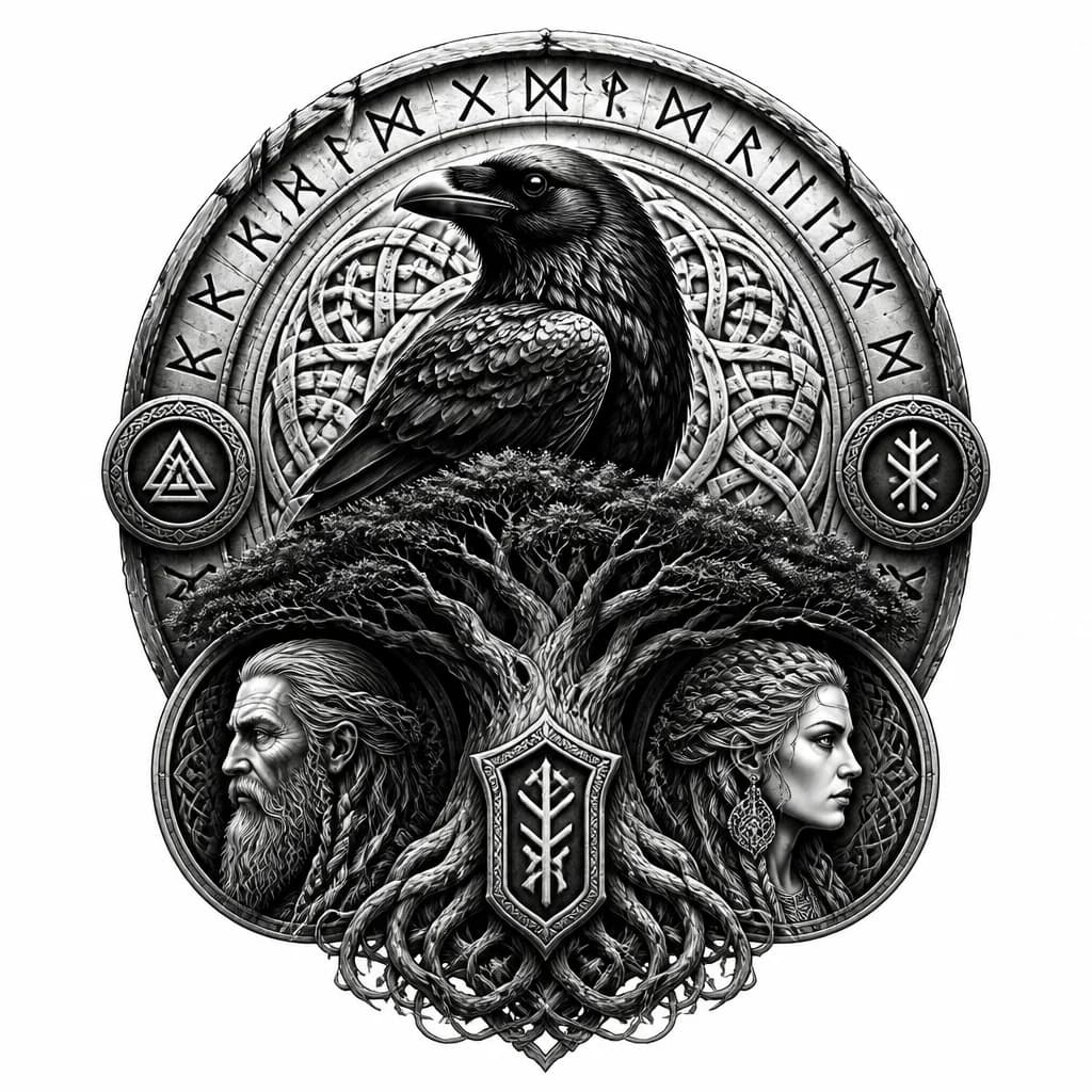 Тату эскиз: Славянский стиль, ворон, руны, род, семья, древо, защита, сила, удача, крепость духа, детализация 