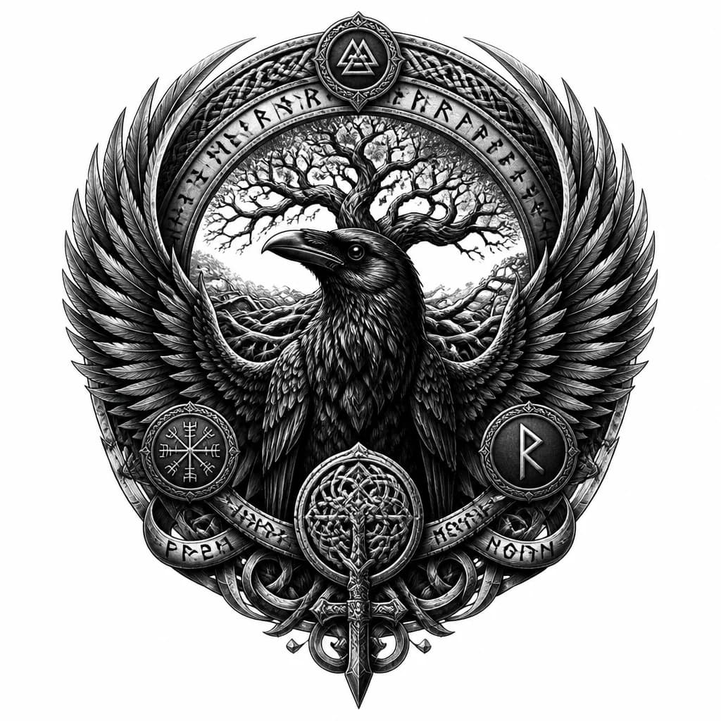 Тату эскиз: Славянский стиль, ворон, крылья, руны, род, семья, древо, защита, сила, удача, крепость духа, детализация 