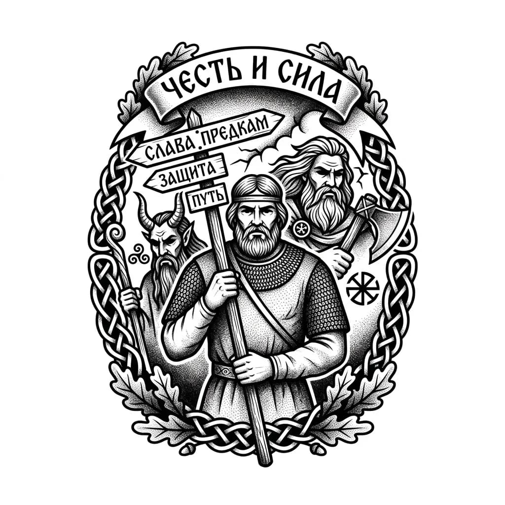 Тату эскиз: Славянская тематика. Указатель пути, мужественность, боги, дань предкам, защита. 