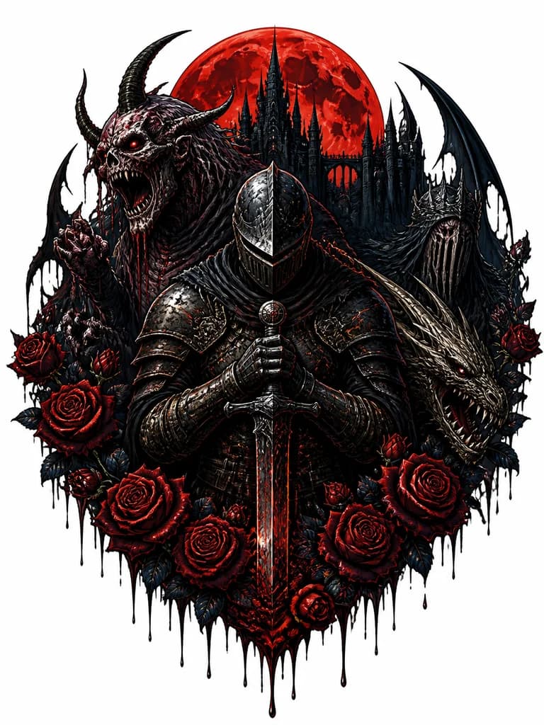 Тату эскиз: Рыцарь из dark souls, на фоне замка, есть элементы в виде красных роз
