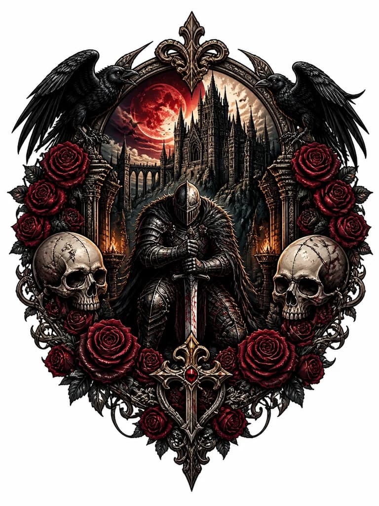Тату эскиз: Рыцарь из dark souls на фоне замка, мрачно