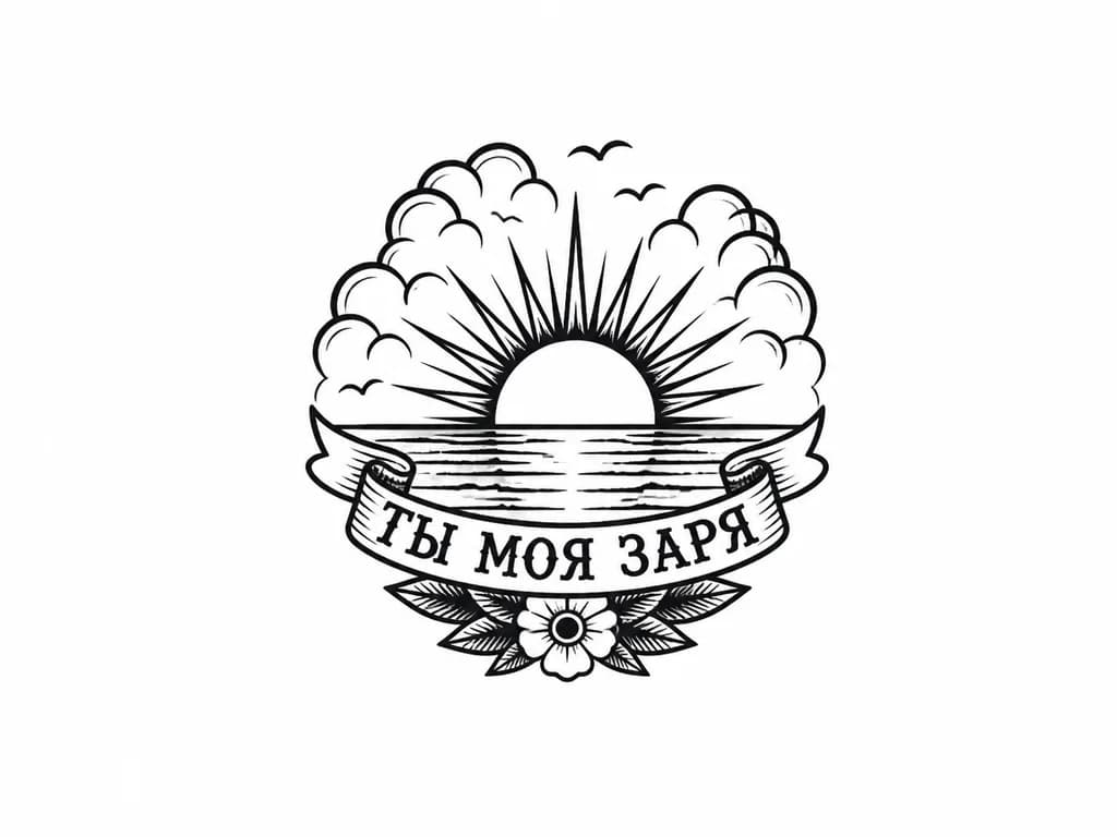 Татуировка должна быть маленькой, минималистичной, женской, Однотонный 
Должен быть текст и рисунок 
Изображение зари, солнца 
