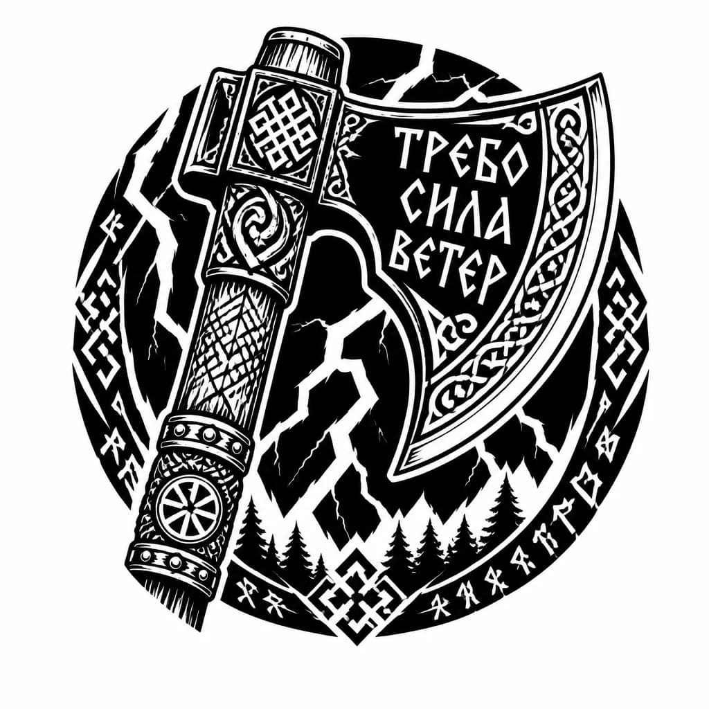 Тату эскиз: Славянский топор на лезвии которого нарисован славянский рунескрипт требо сила ветер на фоне молния