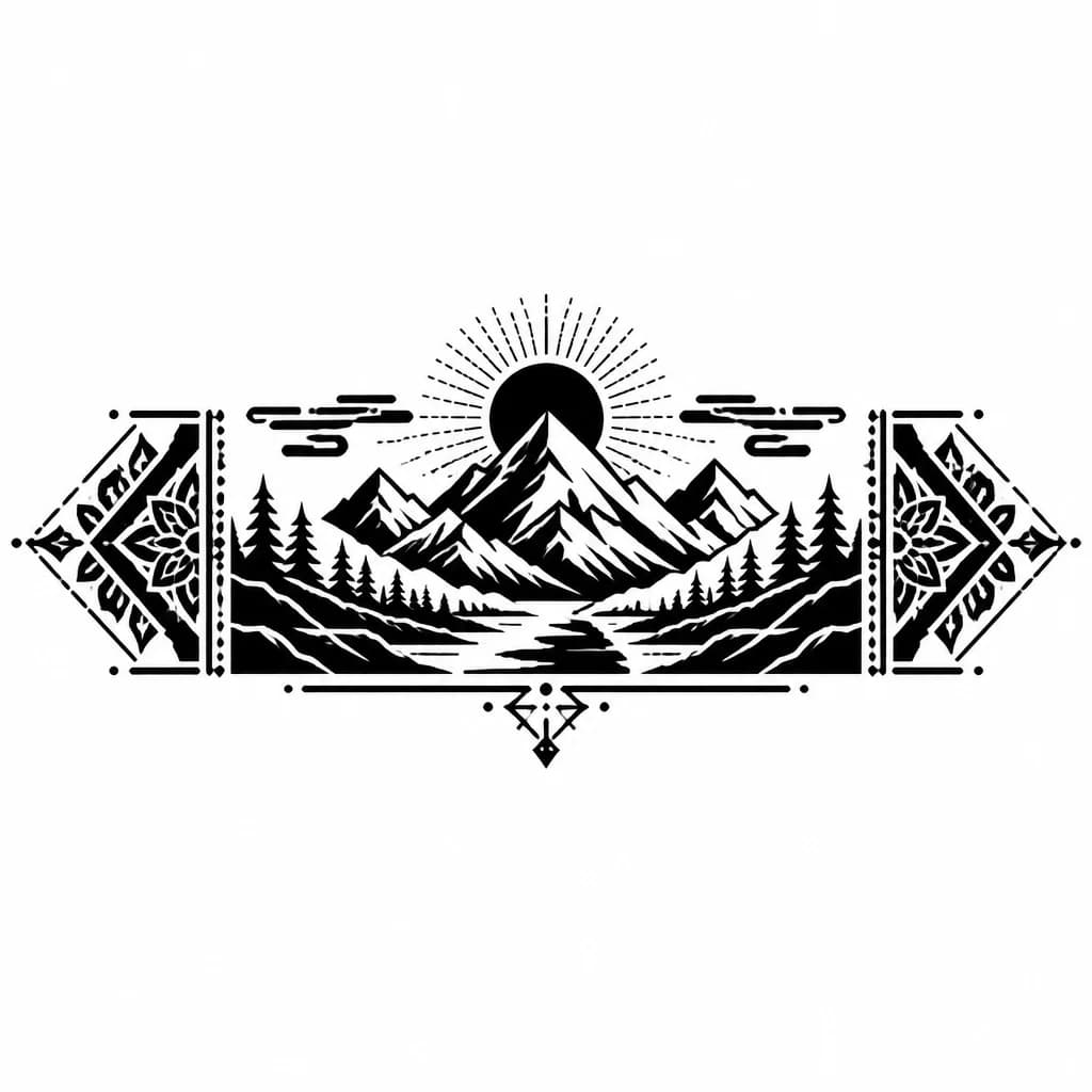 Тату эскиз: Горы, пейзаж , minimalist, geometric, dotwork, солнце, вершина горы