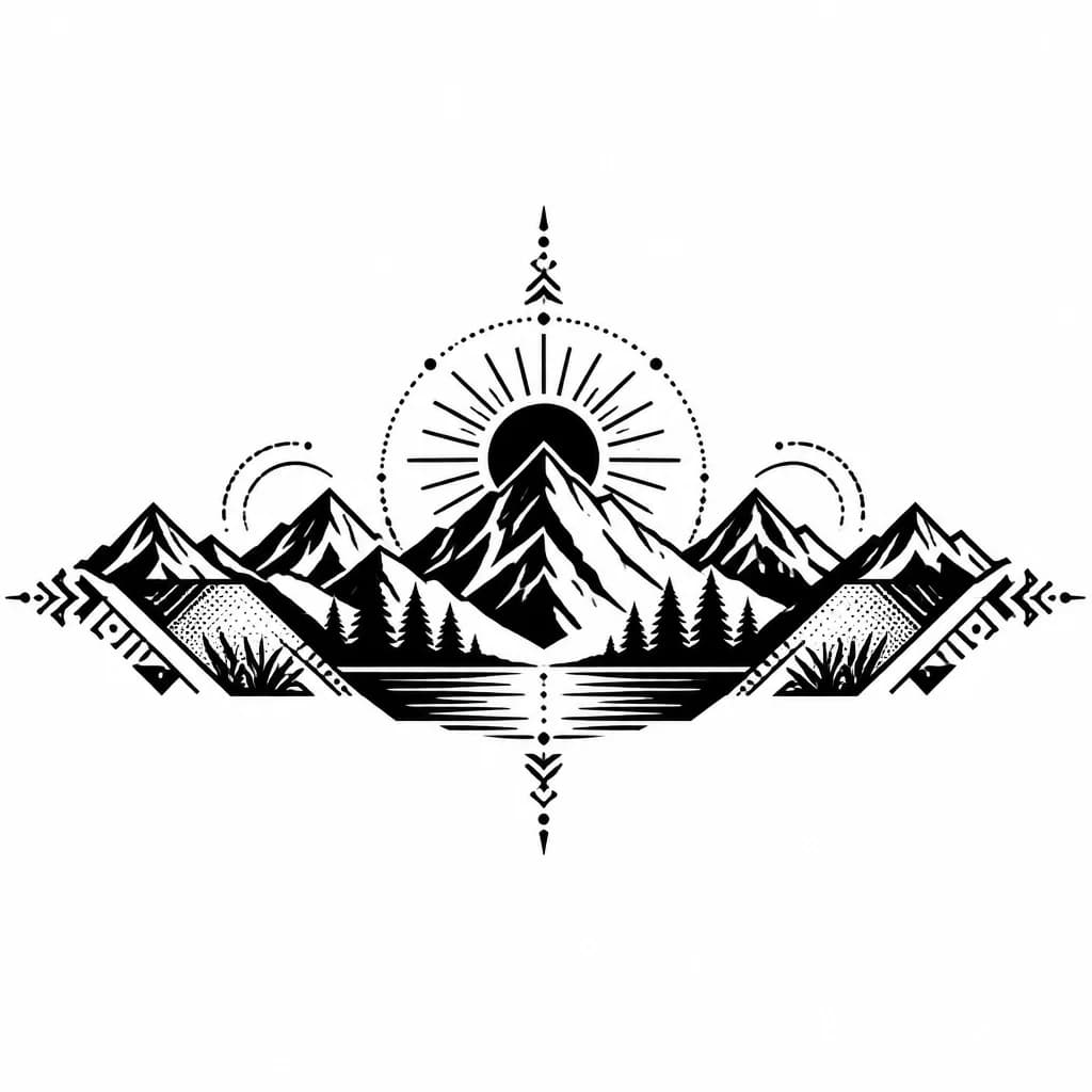 Тату эскиз: Горы, пейзаж , minimalist, geometric, dotwork, солнце, вершина горы