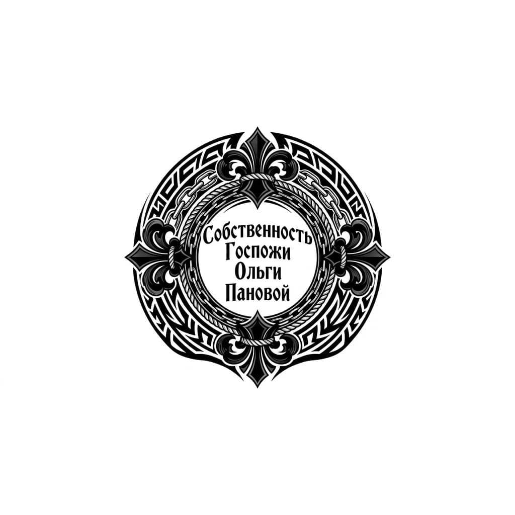 Тату эскиз: Тату в стиле бдсм ч/б надпись «Собственность Госпожи Ольги Пановой» форма круга или квадрата
