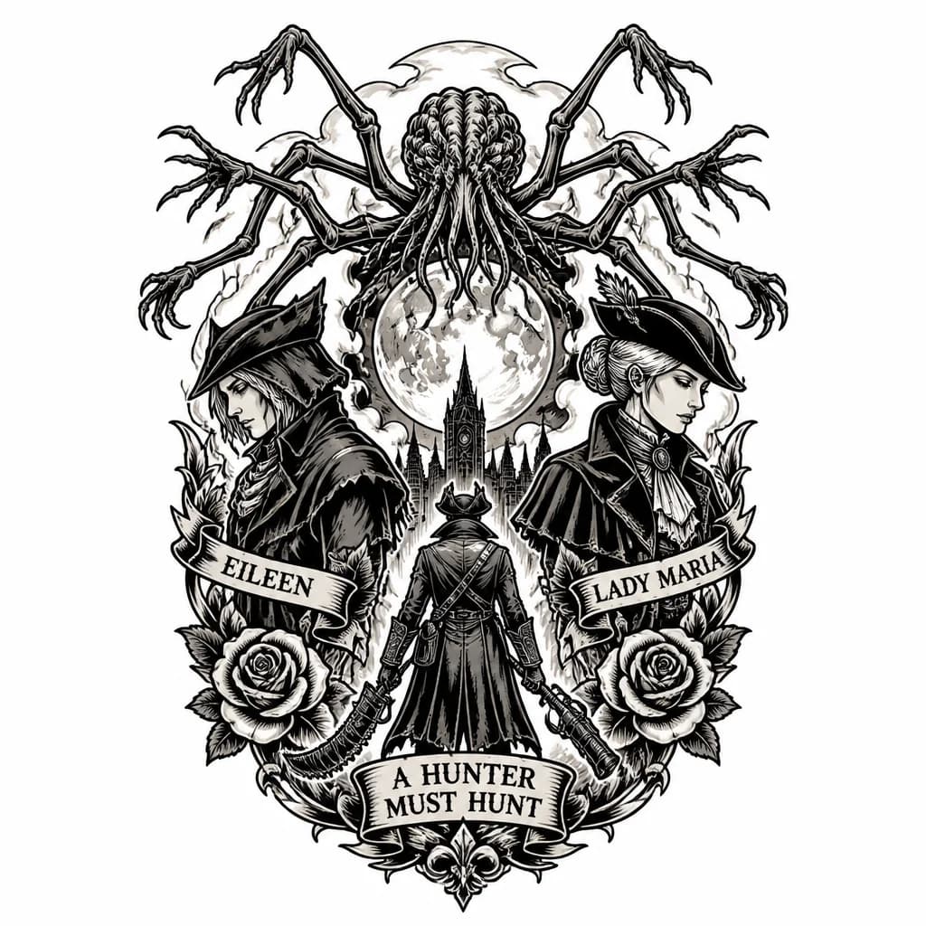 Тату эскиз: Тату на спине bloodborne где есть охотница айлин, леди мария, амигдала, присутствие луны, охотник.