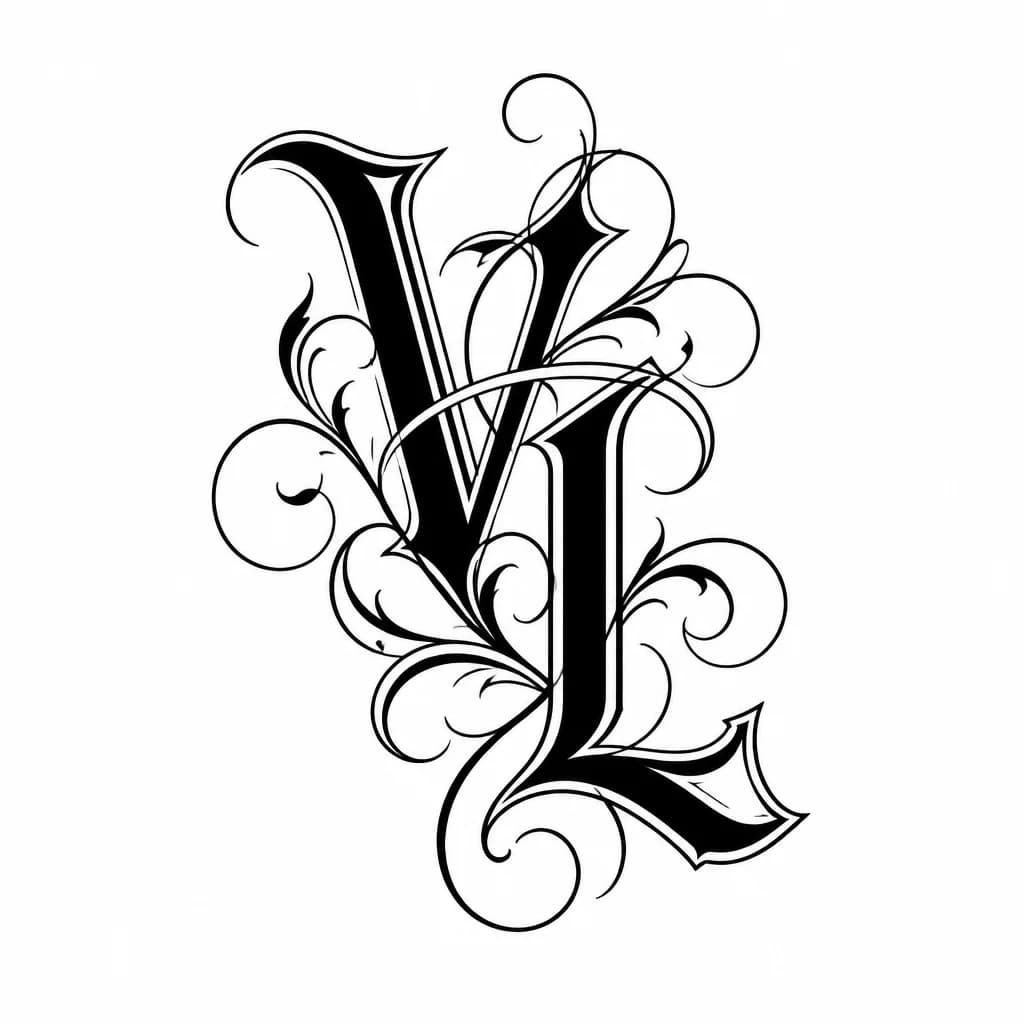 Тату эскиз: Переплетенные буквы V L или VS LS
