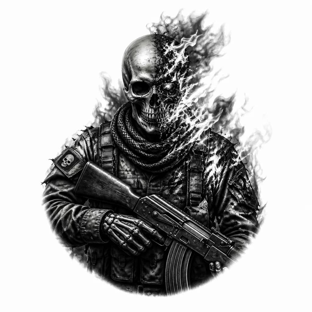 Тату эскиз: Скелет в военной форме с автоматом калашникова в руках, половина одежды сгорела череп в огне