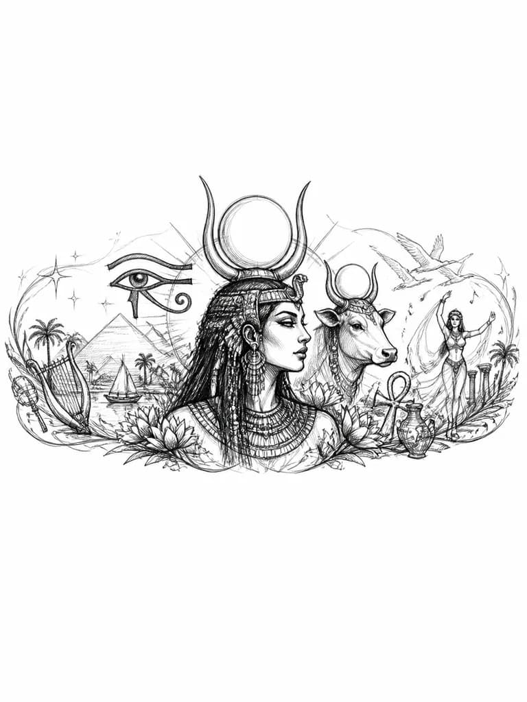 Тату эскиз: Хатхор (египетское: Хет-Герт) – Одна из самых важных богинь, связанная с небом, солнцем, сексуальностью и материнством, музыкой и танцами, чужими землями и товарами, а также загробной жизнью. Одна из многих форм Ока Р