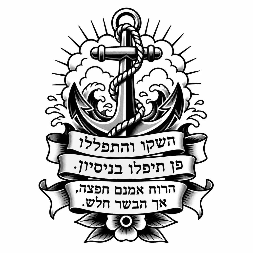 Тату эскиз: השקו והתפללו פן תיפלו בניסיון. הרוח אמנם חפצה, אך הבשר חלש.
