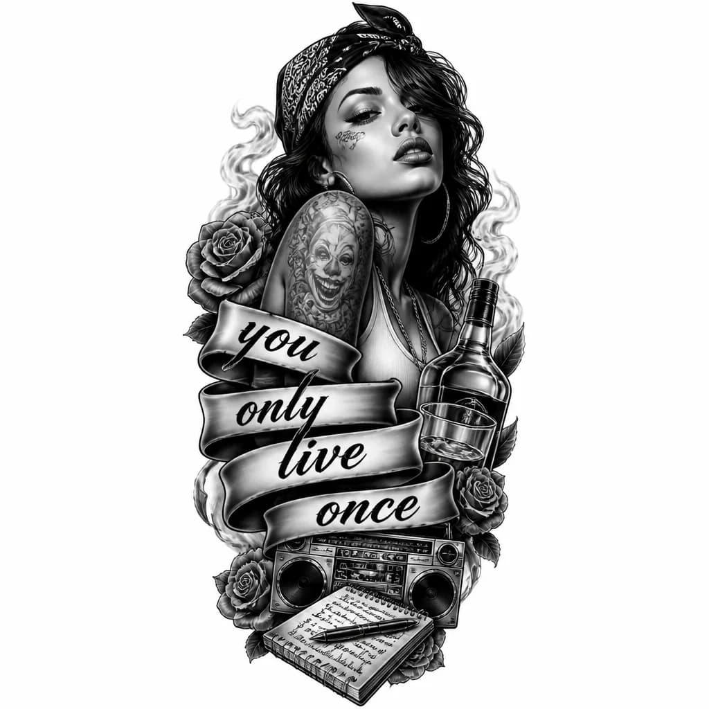 Тату эскиз: тату с девушкой музой, надпись в ленточке «you only live once” хип-хоп, алкоголь, поэзия