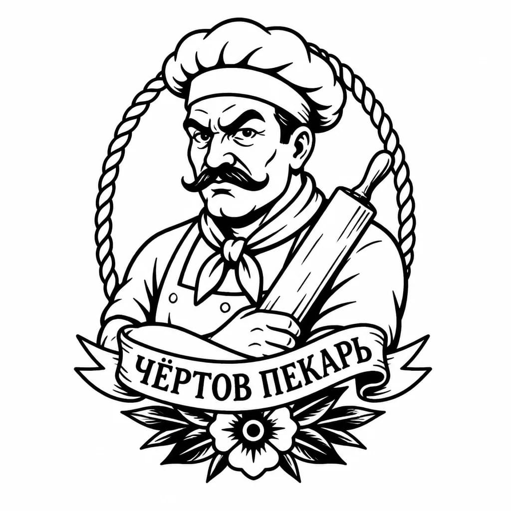 Тату эскиз: Чёртов пекарь , надпись на русском 