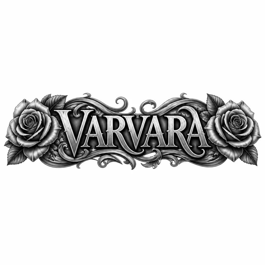 Тату эскиз: Имя VARVARA просто надпись. По бокам изображение розы