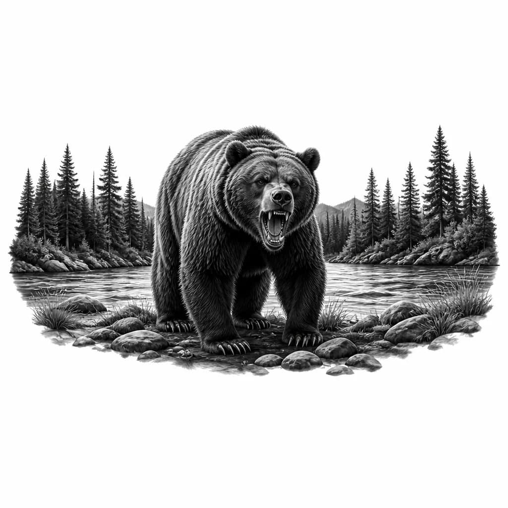 Тату эскиз: Медведь с оскалом на берегу реки, на противоположном берегу растут сосны