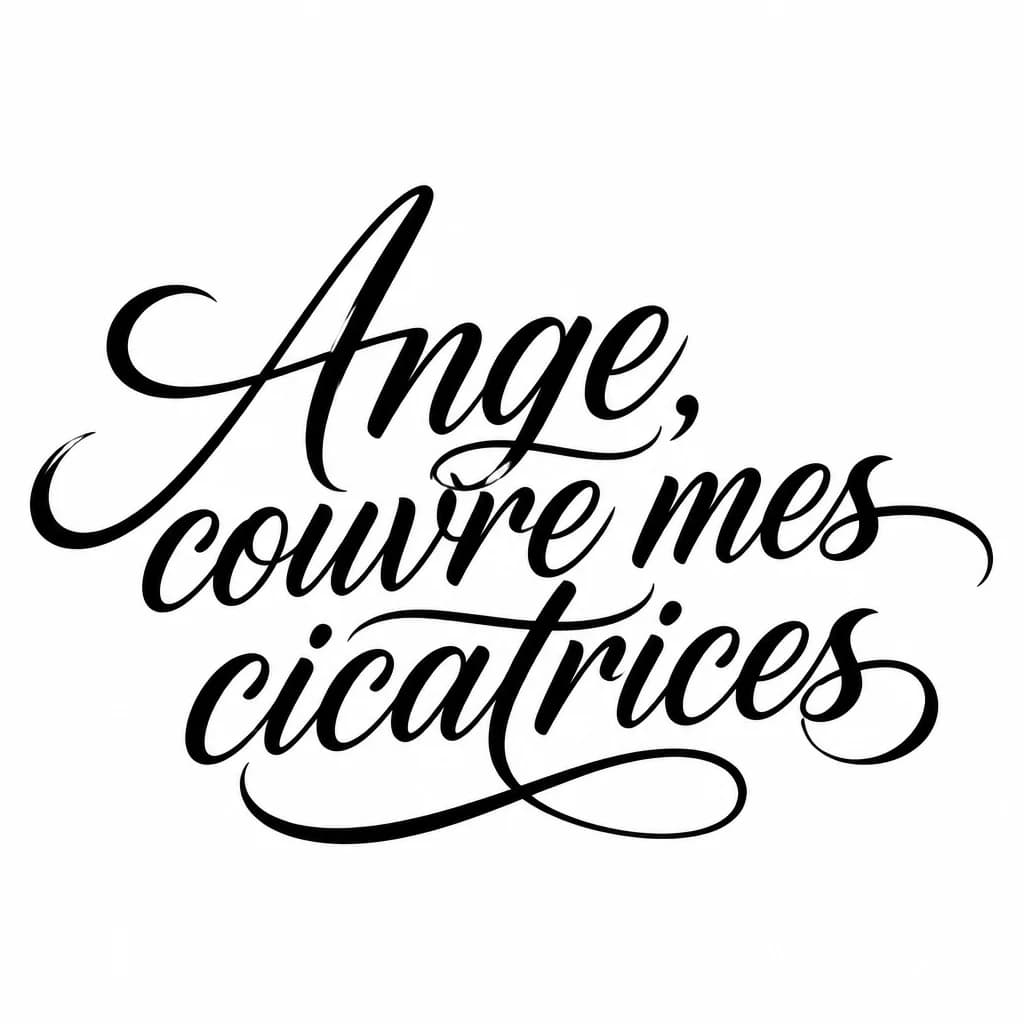 Тату эскиз: Font: Ange, couvre mes cicatrices (flowing brush script)