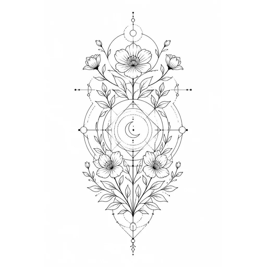 Тату эскиз:  Fine line tattoo design, botanical illustration style. A composition of delicate flowers, flowing leaves, and elegant stems. In the center, a subtle, minimalist mystical symbol (a small crescent or geometric shape). Black ink on white background, high contrast, clean lines, no shading, professional tattoo flash sheet style, aesthetic, feminine, minimal ornamentation. --ar 2:3
