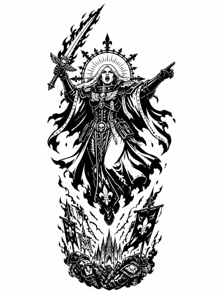 Тату эскиз: Святая Целестина из Warhammer 40000, с пылающим мечом в руке парящая в небе и зовущая солдат в бой