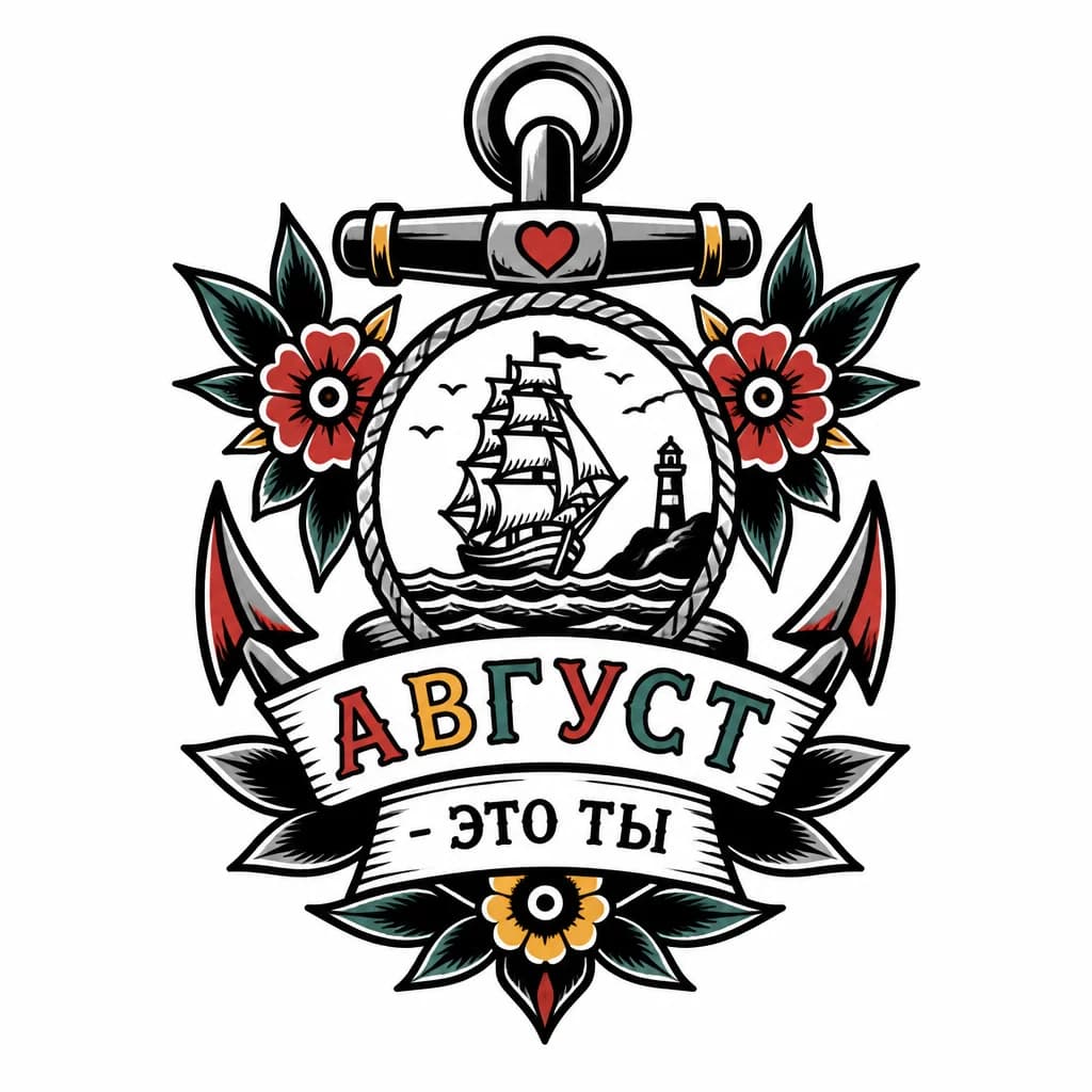Тату эскиз: Тату "август - это ты💔" на русском языке. Слово август цветными буквами.