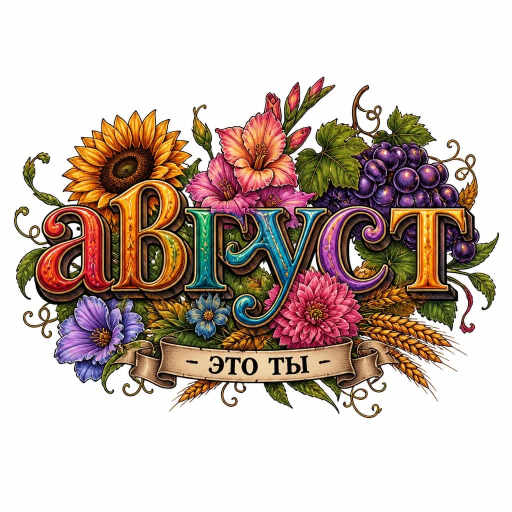 Тату эскиз: Тату "август - это ты💔" на русском языке. Слово август цветными буквами.